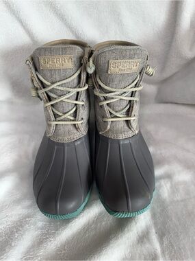 Sperry Gray Duck Boots with Teal Accent